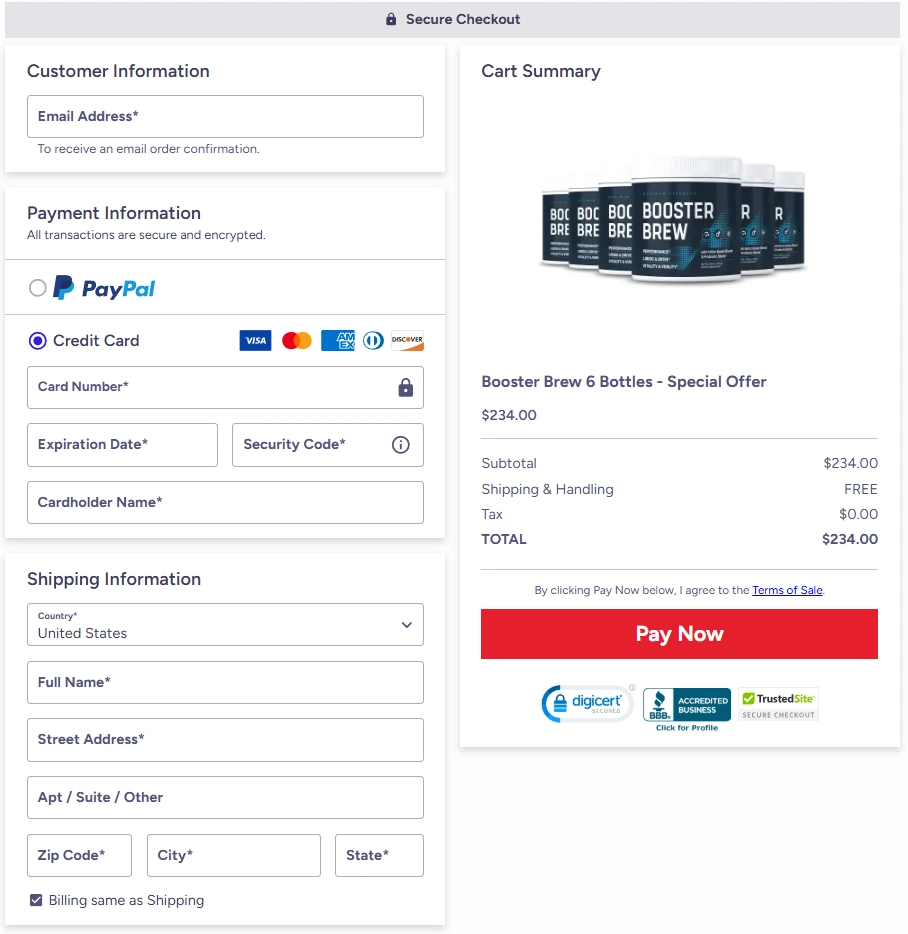 Secure Booster Brew checkout for supplement purchases