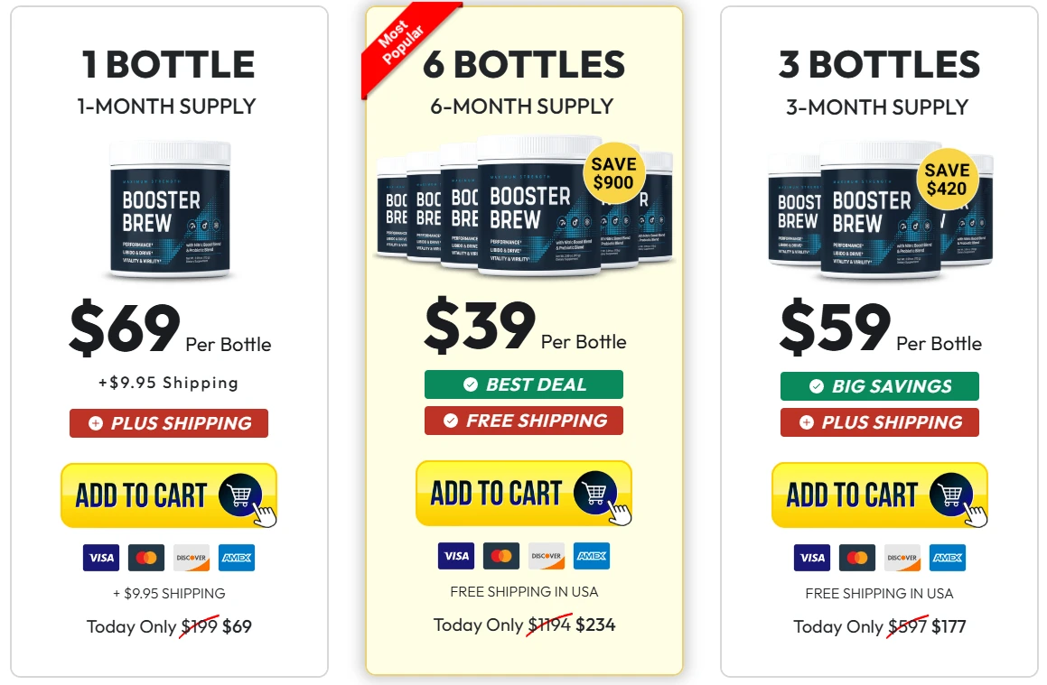 Booster Brew pricing packages with shipping and guarantee